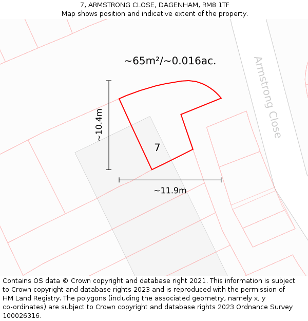 7, ARMSTRONG CLOSE, DAGENHAM, RM8 1TF: Plot and title map