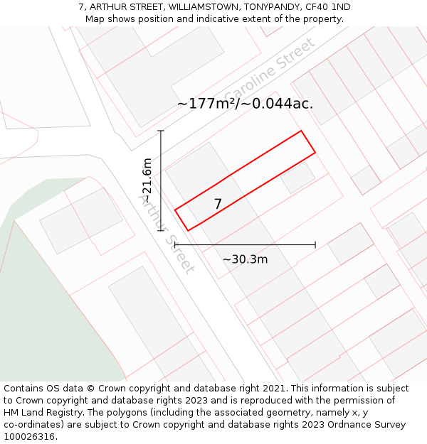 7, ARTHUR STREET, WILLIAMSTOWN, TONYPANDY, CF40 1ND: Plot and title map