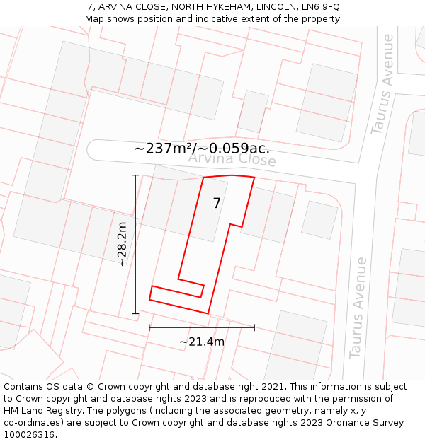 7, ARVINA CLOSE, NORTH HYKEHAM, LINCOLN, LN6 9FQ: Plot and title map