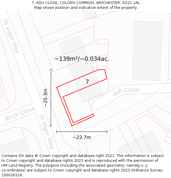 7, ASH CLOSE, COLDEN COMMON, WINCHESTER, SO21 1AL: Plot and title map