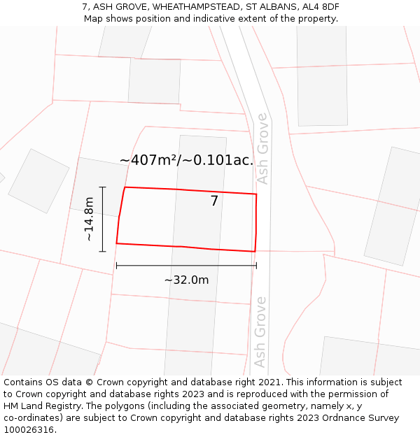 7, ASH GROVE, WHEATHAMPSTEAD, ST ALBANS, AL4 8DF: Plot and title map