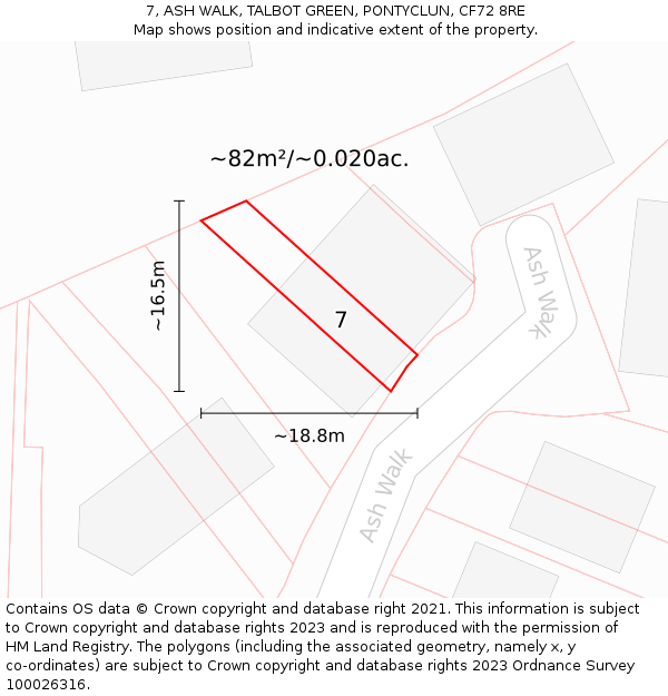 7, ASH WALK, TALBOT GREEN, PONTYCLUN, CF72 8RE: Plot and title map