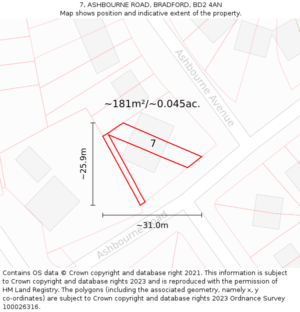 7, ASHBOURNE ROAD, BRADFORD, BD2 4AN: Plot and title map