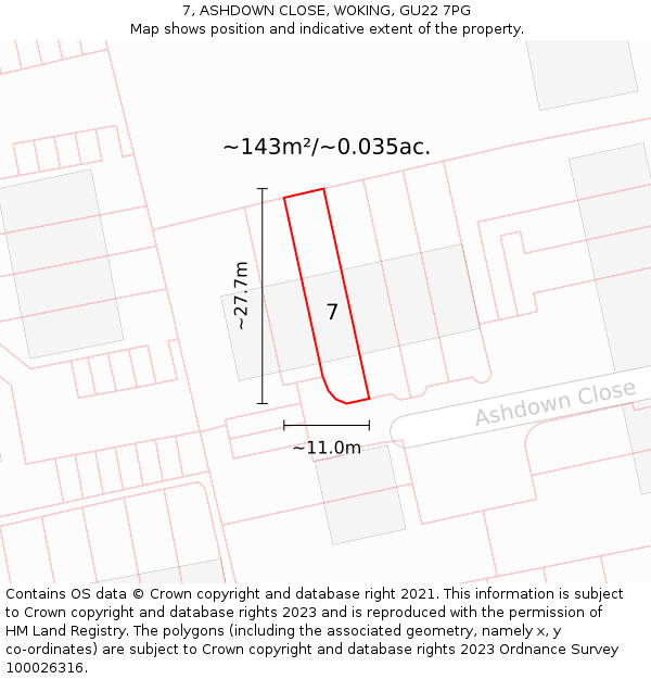 7, ASHDOWN CLOSE, WOKING, GU22 7PG: Plot and title map