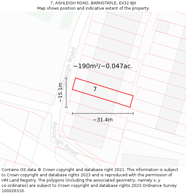 7, ASHLEIGH ROAD, BARNSTAPLE, EX32 8JX: Plot and title map
