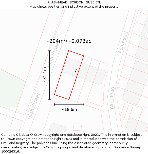 7, ASHMEAD, BORDON, GU35 0TL: Plot and title map