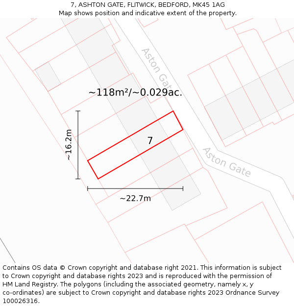 7, ASHTON GATE, FLITWICK, BEDFORD, MK45 1AG: Plot and title map
