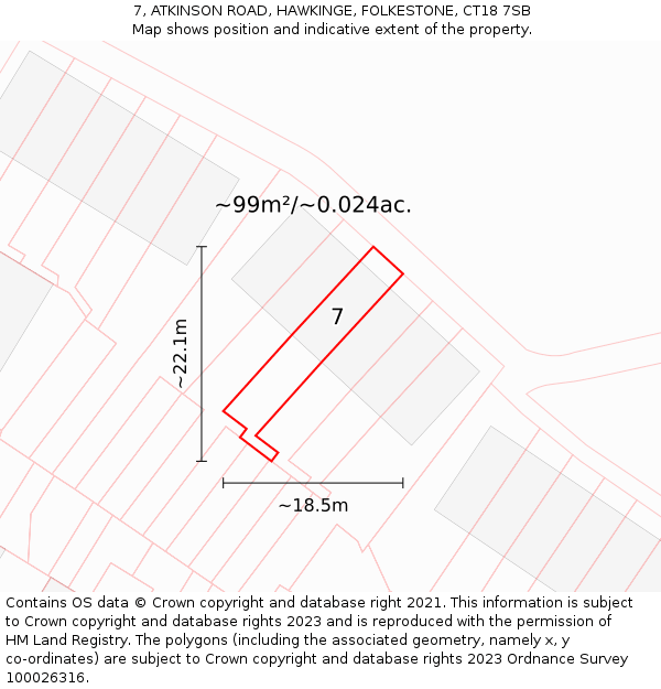 7, ATKINSON ROAD, HAWKINGE, FOLKESTONE, CT18 7SB: Plot and title map