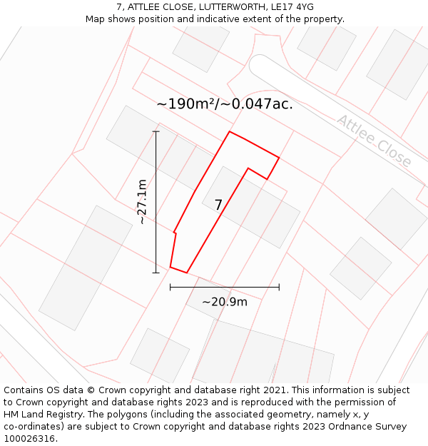 7, ATTLEE CLOSE, LUTTERWORTH, LE17 4YG: Plot and title map
