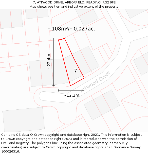 7, ATTWOOD DRIVE, ARBORFIELD, READING, RG2 9FE: Plot and title map