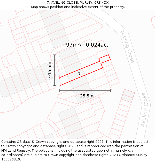 7, AVELING CLOSE, PURLEY, CR8 4DX: Plot and title map
