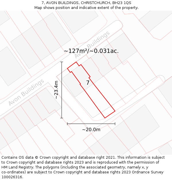 7, AVON BUILDINGS, CHRISTCHURCH, BH23 1QS: Plot and title map