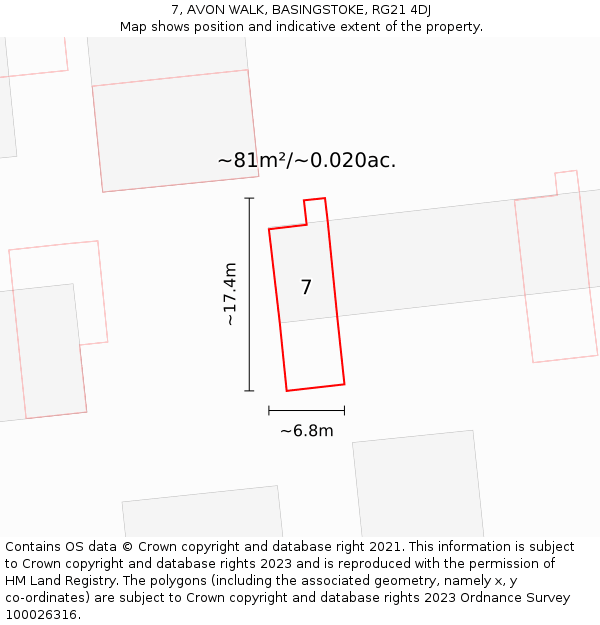 7, AVON WALK, BASINGSTOKE, RG21 4DJ: Plot and title map