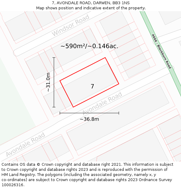 7, AVONDALE ROAD, DARWEN, BB3 1NS: Plot and title map