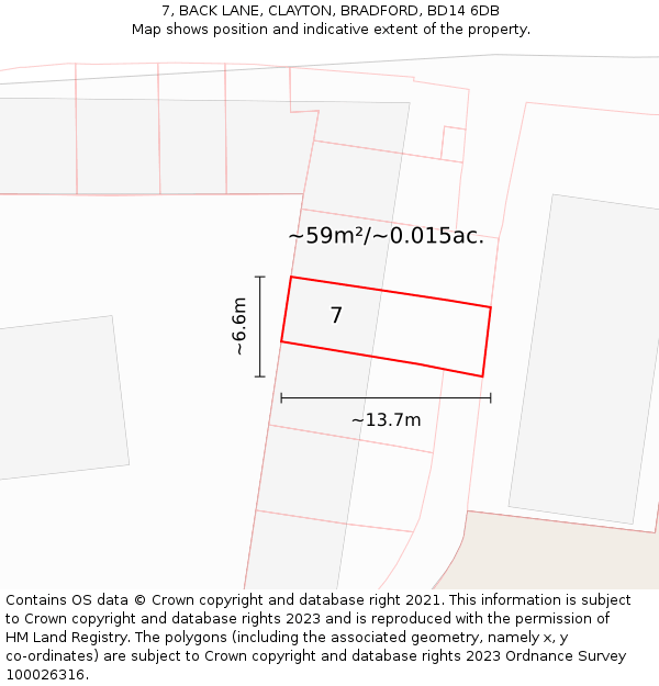 7, BACK LANE, CLAYTON, BRADFORD, BD14 6DB: Plot and title map