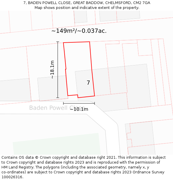 7, BADEN POWELL CLOSE, GREAT BADDOW, CHELMSFORD, CM2 7GA: Plot and title map