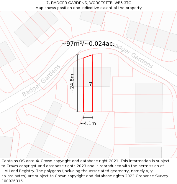 7, BADGER GARDENS, WORCESTER, WR5 3TG: Plot and title map