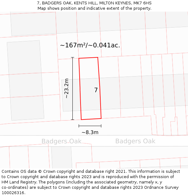 7, BADGERS OAK, KENTS HILL, MILTON KEYNES, MK7 6HS: Plot and title map