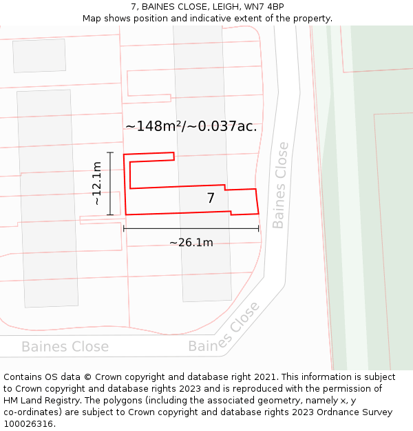 7, BAINES CLOSE, LEIGH, WN7 4BP: Plot and title map