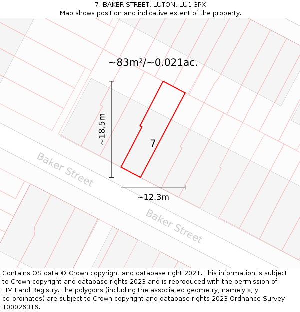 7, BAKER STREET, LUTON, LU1 3PX: Plot and title map