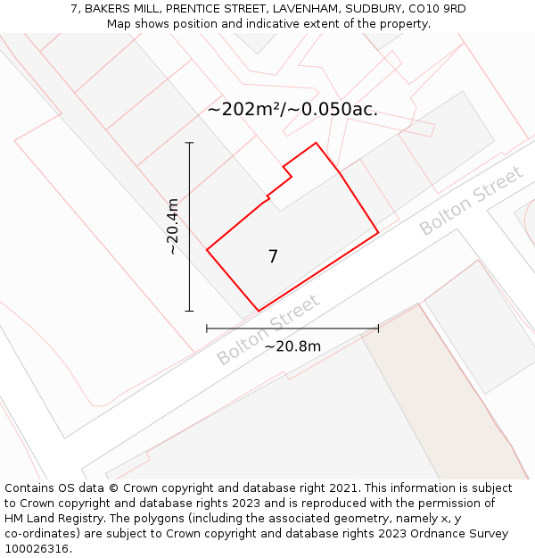 7, BAKERS MILL, PRENTICE STREET, LAVENHAM, SUDBURY, CO10 9RD: Plot and title map
