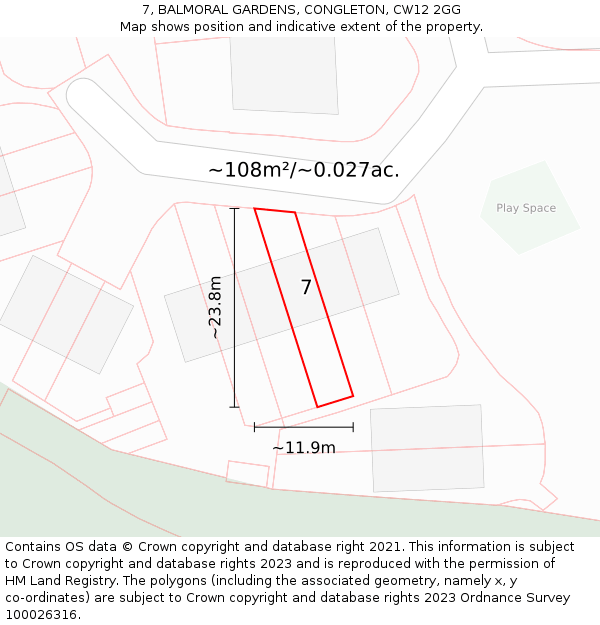 7, BALMORAL GARDENS, CONGLETON, CW12 2GG: Plot and title map