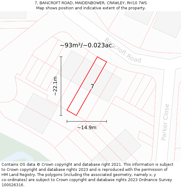 7, BANCROFT ROAD, MAIDENBOWER, CRAWLEY, RH10 7WS: Plot and title map