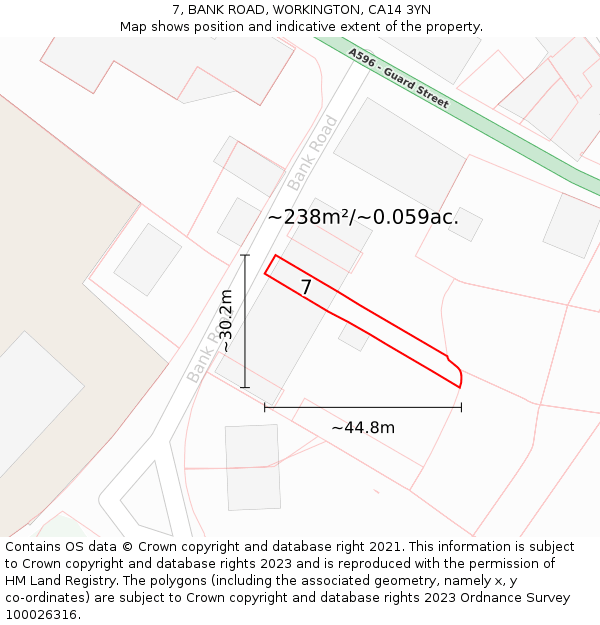 7, BANK ROAD, WORKINGTON, CA14 3YN: Plot and title map