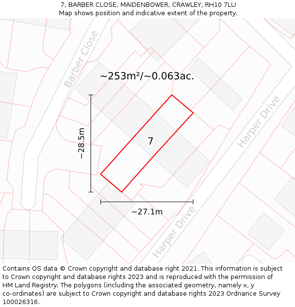 7, BARBER CLOSE, MAIDENBOWER, CRAWLEY, RH10 7LU: Plot and title map