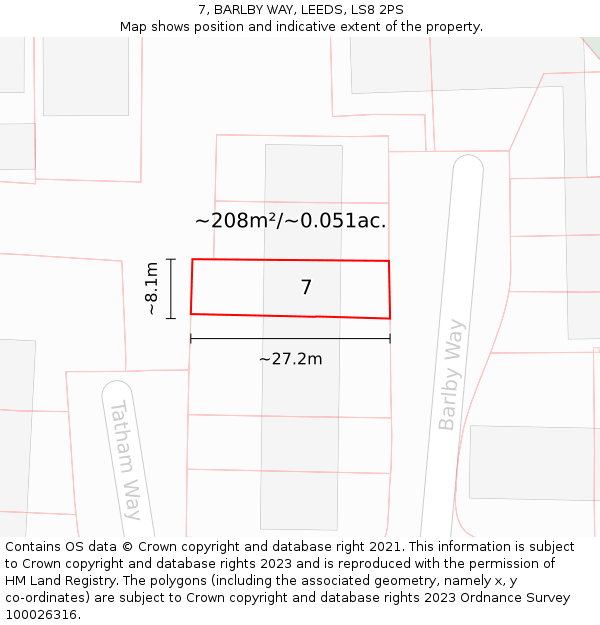 7, BARLBY WAY, LEEDS, LS8 2PS: Plot and title map