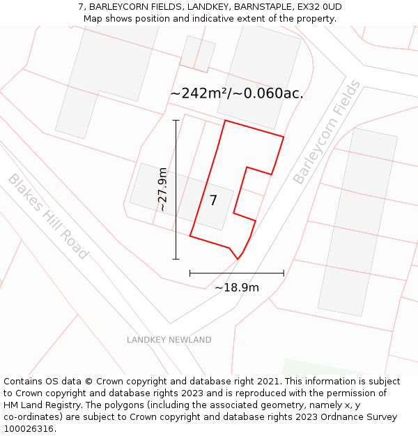 7, BARLEYCORN FIELDS, LANDKEY, BARNSTAPLE, EX32 0UD: Plot and title map
