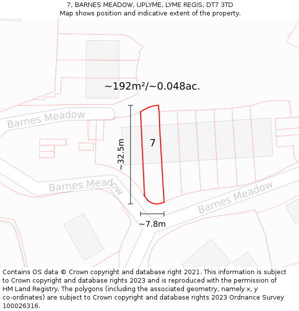 7, BARNES MEADOW, UPLYME, LYME REGIS, DT7 3TD: Plot and title map