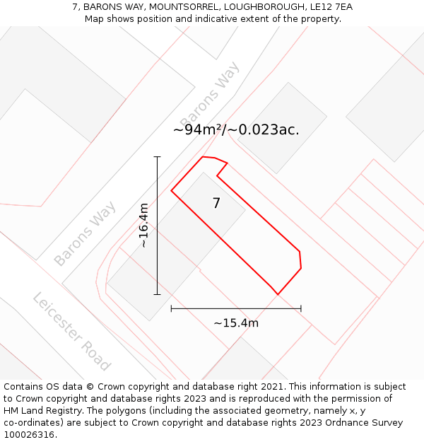7, BARONS WAY, MOUNTSORREL, LOUGHBOROUGH, LE12 7EA: Plot and title map