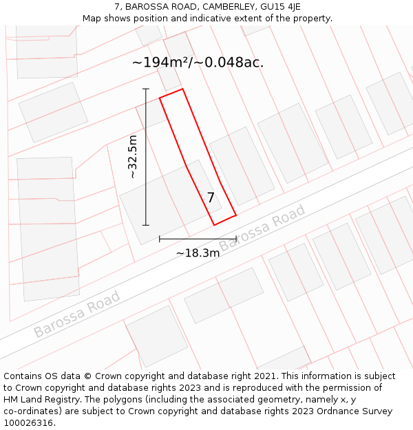 7, BAROSSA ROAD, CAMBERLEY, GU15 4JE: Plot and title map
