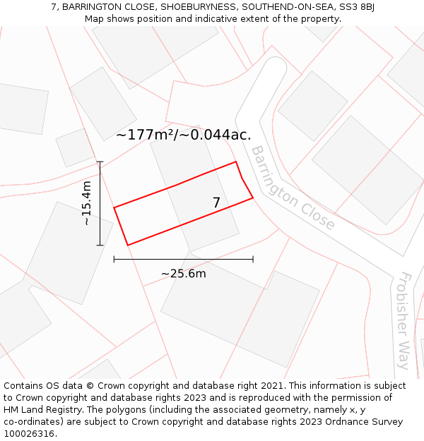 7, BARRINGTON CLOSE, SHOEBURYNESS, SOUTHEND-ON-SEA, SS3 8BJ: Plot and title map