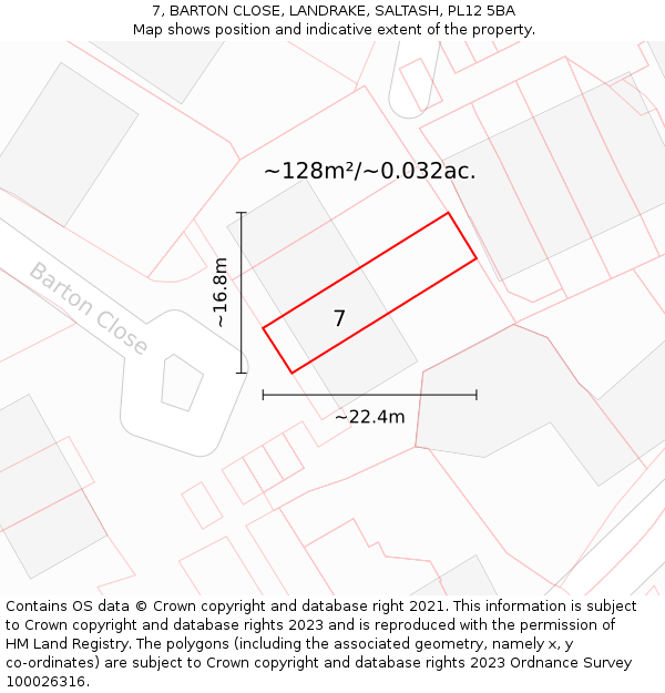 7, BARTON CLOSE, LANDRAKE, SALTASH, PL12 5BA: Plot and title map