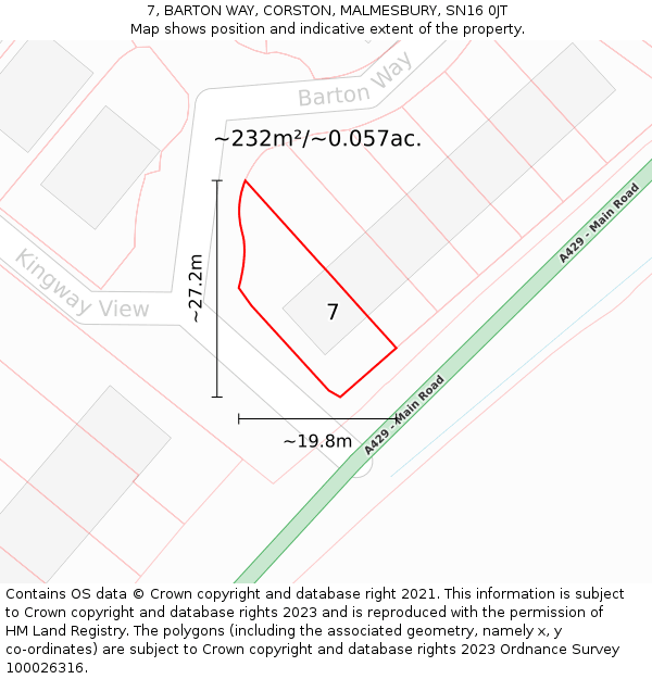 7, BARTON WAY, CORSTON, MALMESBURY, SN16 0JT: Plot and title map