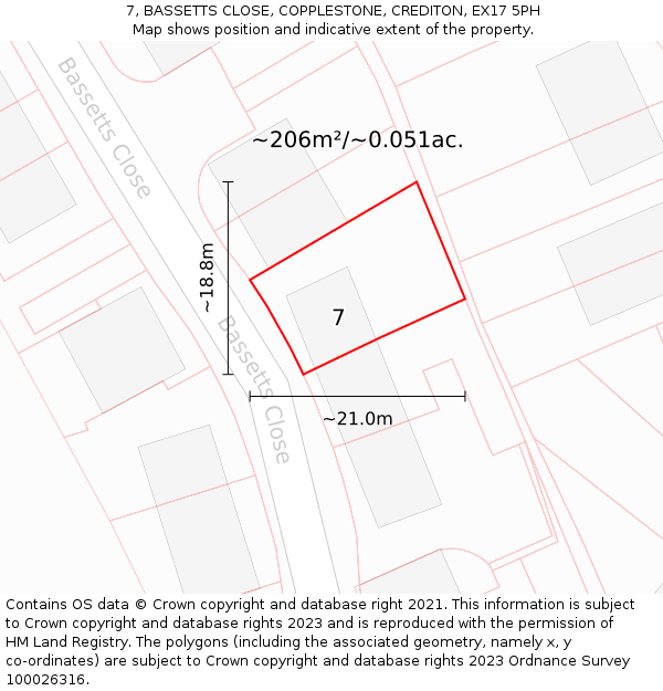 7, BASSETTS CLOSE, COPPLESTONE, CREDITON, EX17 5PH: Plot and title map