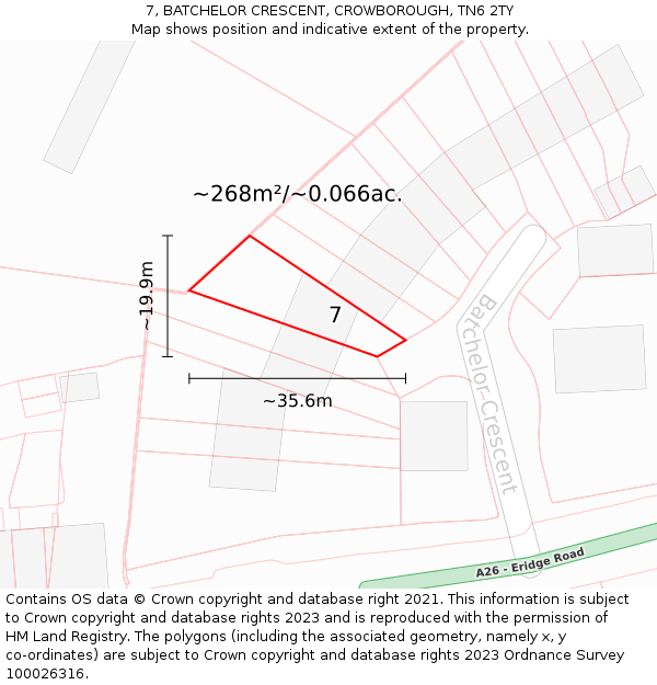 7, BATCHELOR CRESCENT, CROWBOROUGH, TN6 2TY: Plot and title map