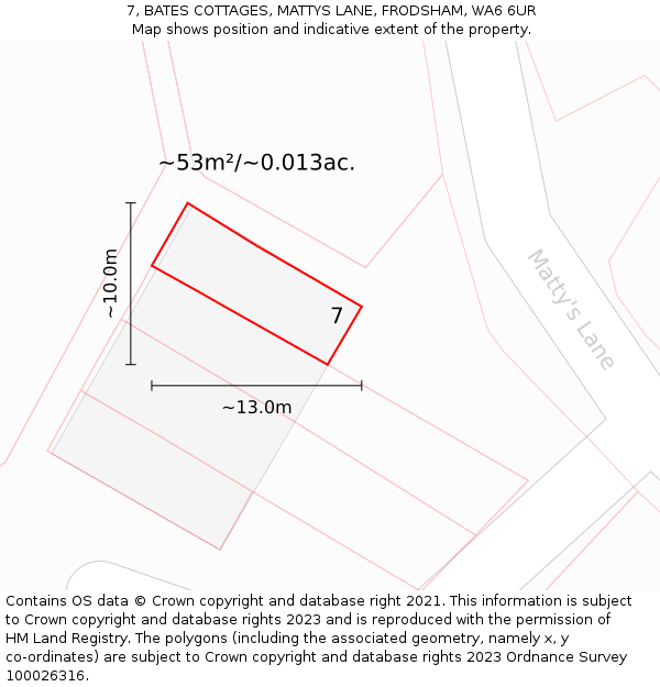 7, BATES COTTAGES, MATTYS LANE, FRODSHAM, WA6 6UR: Plot and title map