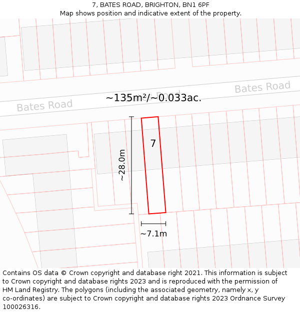 7, BATES ROAD, BRIGHTON, BN1 6PF: Plot and title map