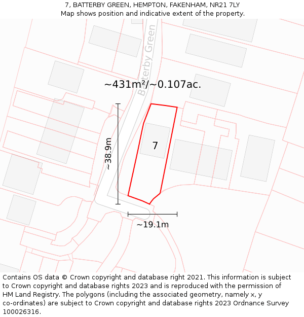7, BATTERBY GREEN, HEMPTON, FAKENHAM, NR21 7LY: Plot and title map