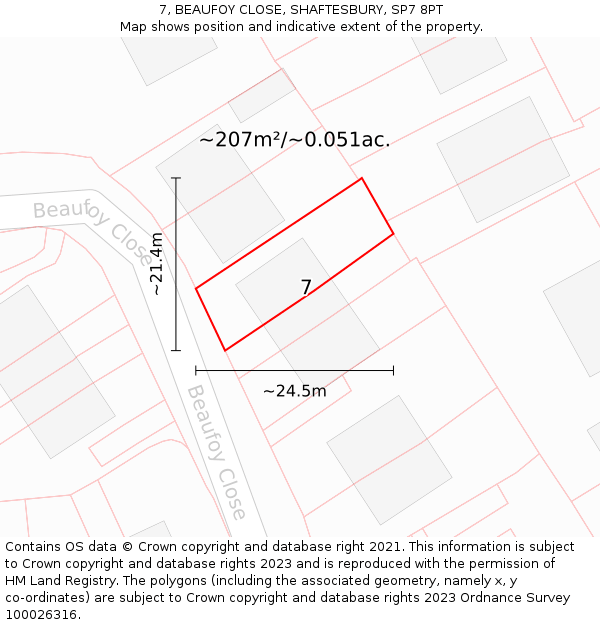 7, BEAUFOY CLOSE, SHAFTESBURY, SP7 8PT: Plot and title map