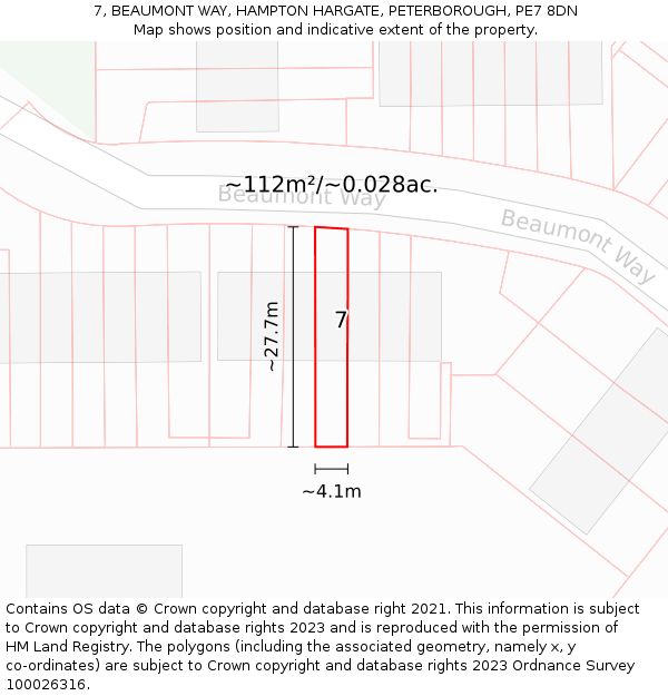 7, BEAUMONT WAY, HAMPTON HARGATE, PETERBOROUGH, PE7 8DN: Plot and title map