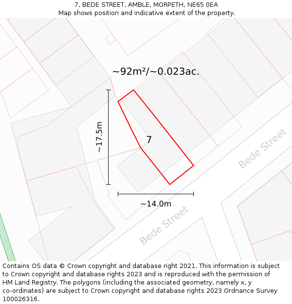 7, BEDE STREET, AMBLE, MORPETH, NE65 0EA: Plot and title map