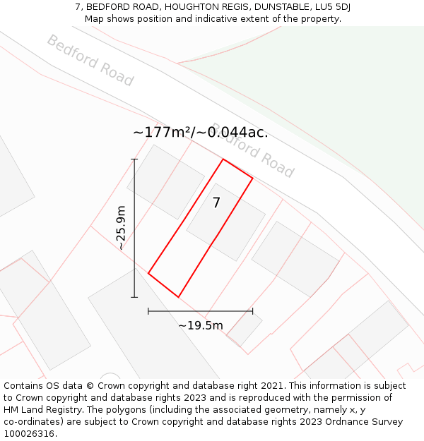 7, BEDFORD ROAD, HOUGHTON REGIS, DUNSTABLE, LU5 5DJ: Plot and title map