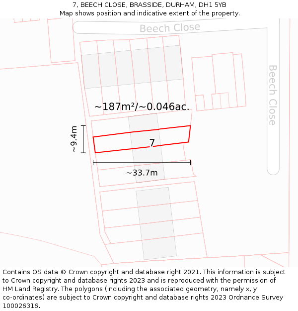 7, BEECH CLOSE, BRASSIDE, DURHAM, DH1 5YB: Plot and title map