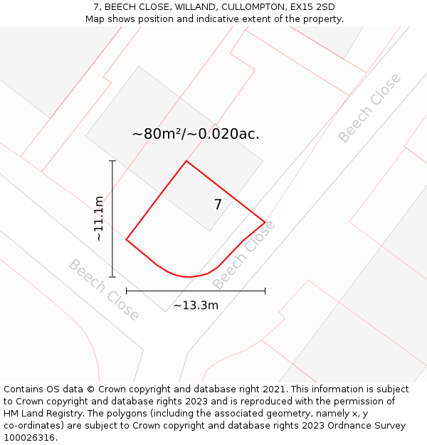 7, BEECH CLOSE, WILLAND, CULLOMPTON, EX15 2SD: Plot and title map