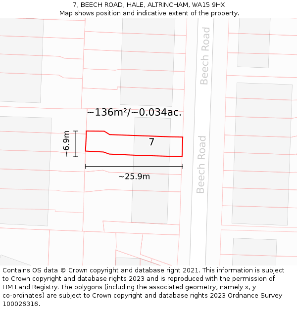 7, BEECH ROAD, HALE, ALTRINCHAM, WA15 9HX: Plot and title map