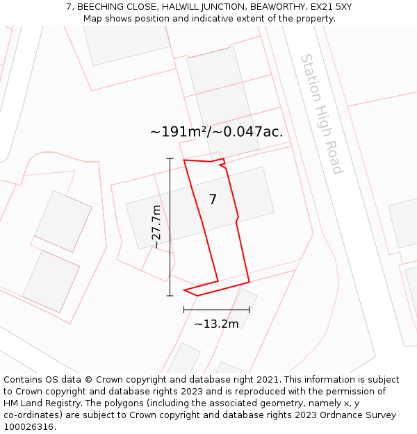 7, BEECHING CLOSE, HALWILL JUNCTION, BEAWORTHY, EX21 5XY: Plot and title map